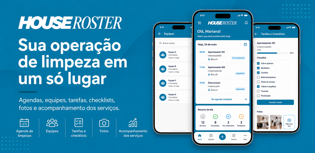 Banner do House Roster com telas do aplicativo